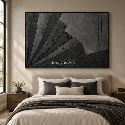 Obsidian Fan: Wabi-Sabi Black Textured Abstract Wall Art — bedroom black