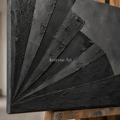 Obsidian Fan: Wabi-Sabi Black Textured Abstract Wall Art — detail easel