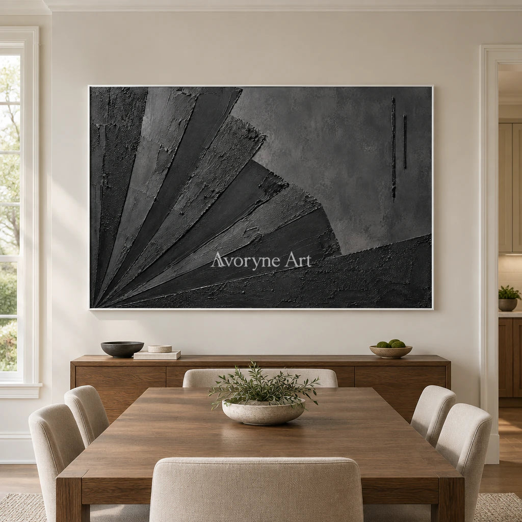 Obsidian Fan: Wabi-Sabi Black Textured Abstract Wall Art — dining white