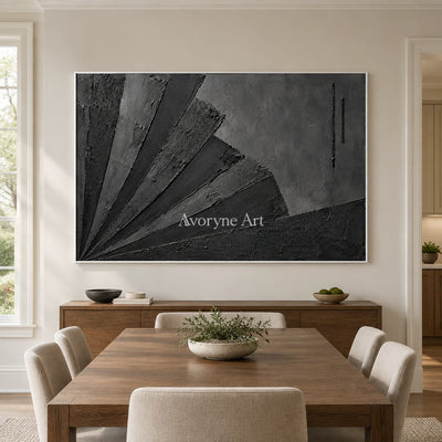 Obsidian Fan: Wabi-Sabi Black Textured Abstract Wall Art — dining white