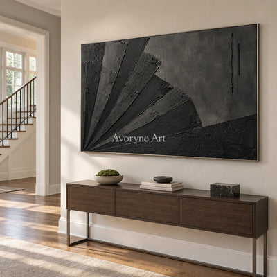 Obsidian Fan: Wabi-Sabi Black Textured Abstract Wall Art — entry silver