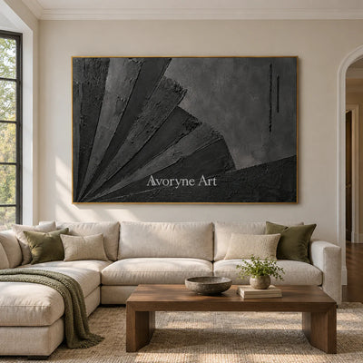 Obsidian Fan: Wabi-Sabi Black Textured Abstract Wall Art — living gold