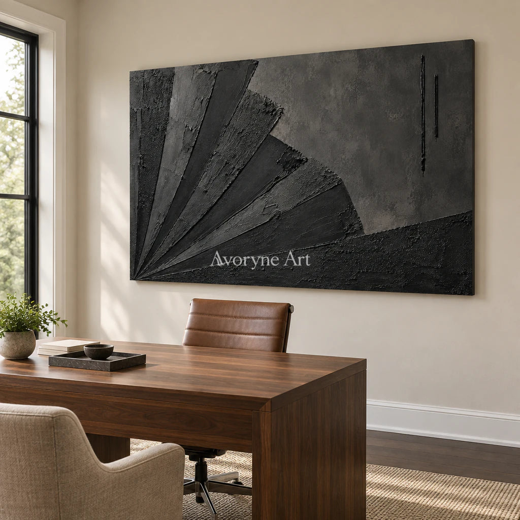 Obsidian Fan: Wabi-Sabi Black Textured Abstract Wall Art — office frameless