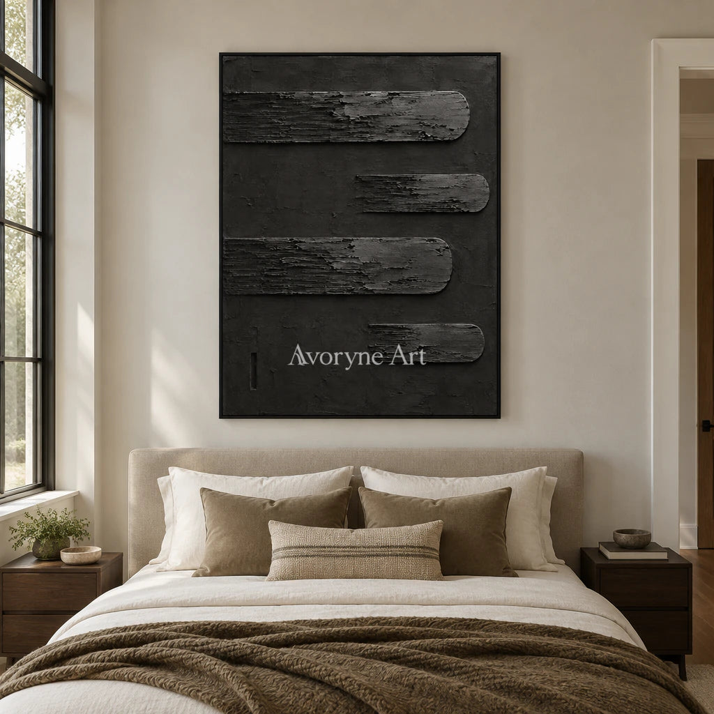 Dark Intervals: Wabi-Sabi Black Textured Relief Wall Art — bedroom black