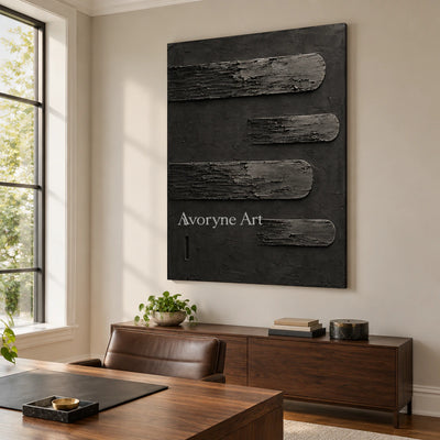 Dark Intervals: Wabi-Sabi Black Textured Relief Wall Art — office frameless