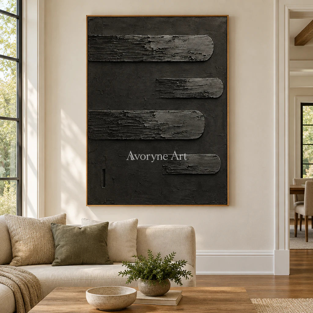 Dark Intervals: Wabi-Sabi Black Textured Relief Wall Art — villa wood