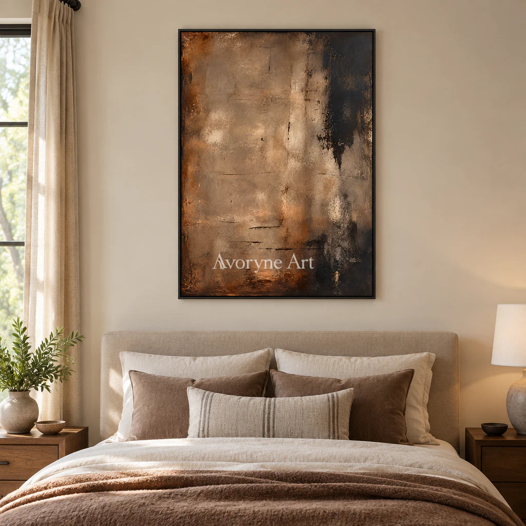 Umber Silence: Wabi-Sabi Brown Abstract Wall Art — bedroom black