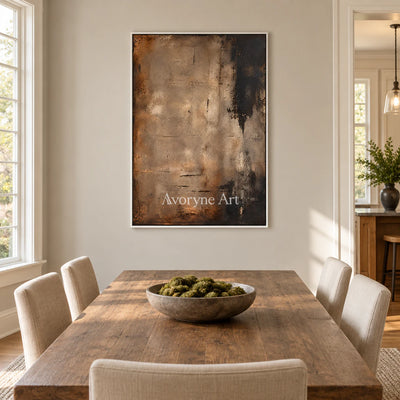 Umber Silence: Wabi-Sabi Brown Abstract Wall Art — dining white