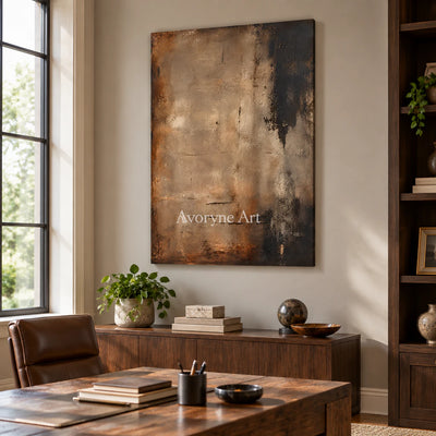 Umber Silence: Wabi-Sabi Brown Abstract Wall Art — office frameless