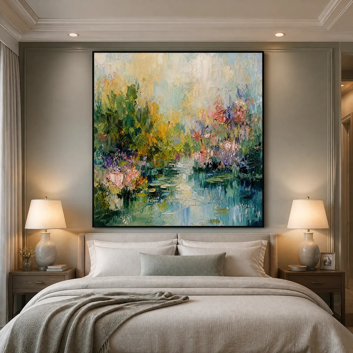 Water Garden: Floral Landscape Wall Art - bedroom black frame