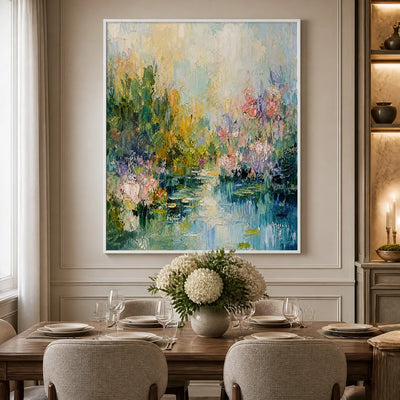 Water Garden: Floral Landscape Wall Art - dining room white frame