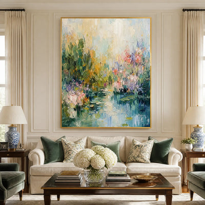 Water Garden: Floral Landscape Wall Art - living room gold frame