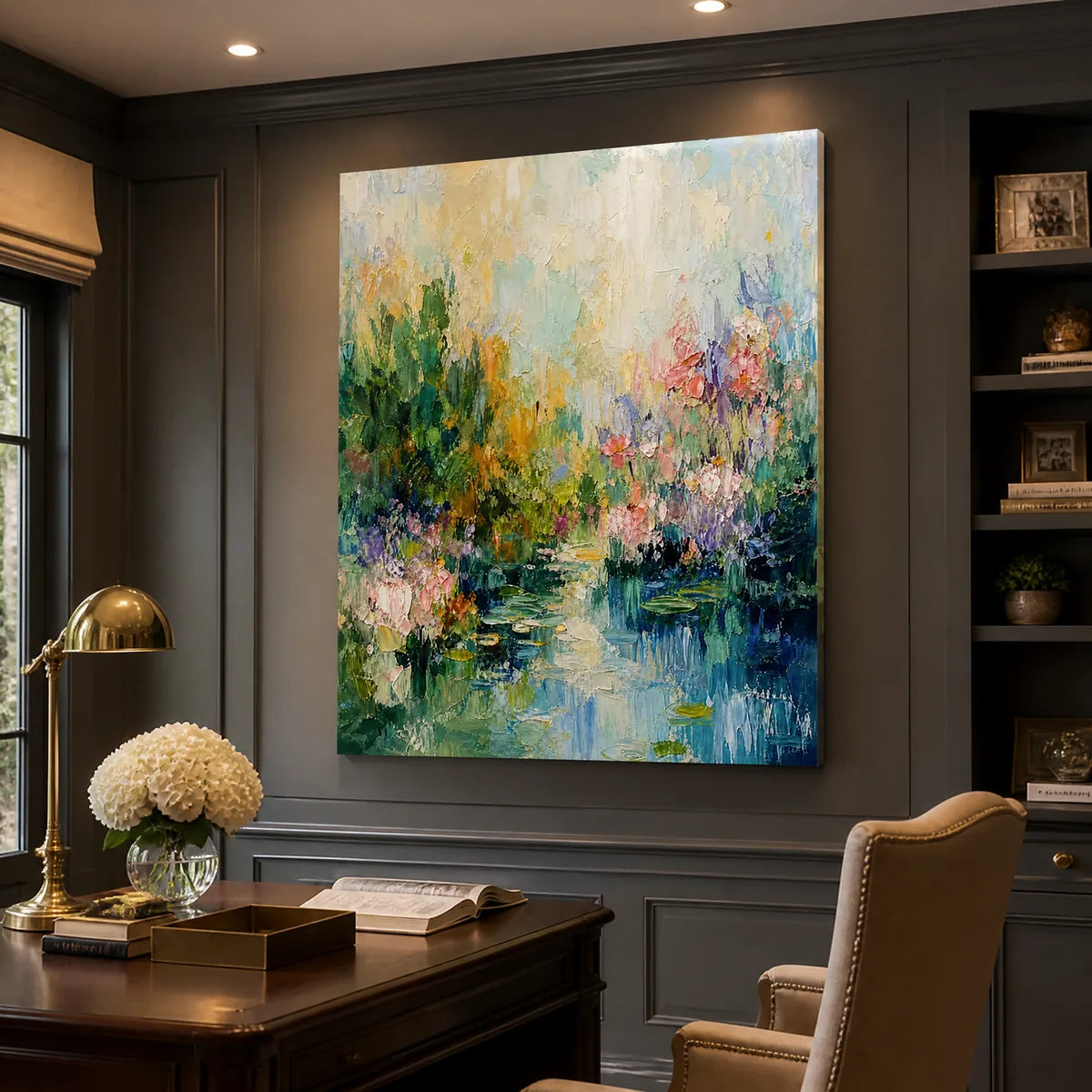 Water Garden: Floral Landscape Wall Art - office stretched canvas
