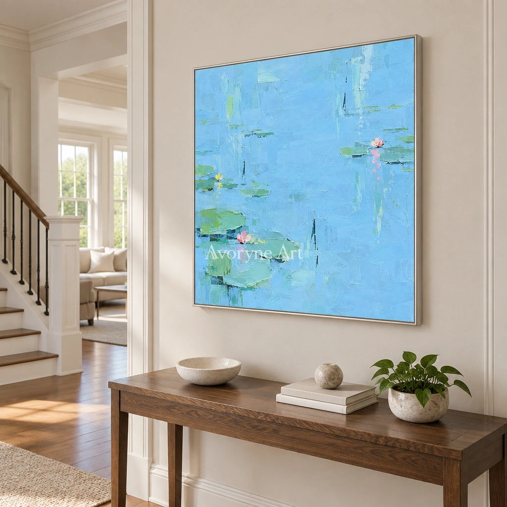 Tender Gesture water lily wall art with a silver frame in an entryway