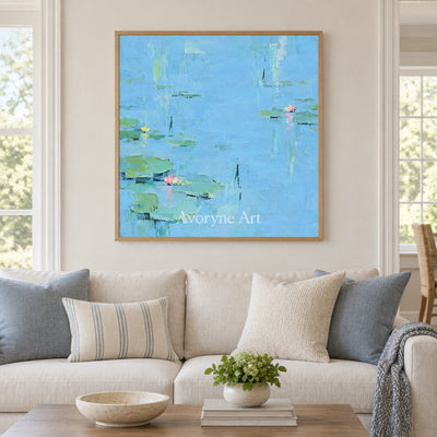 Tender Gesture water lily wall art with a wood frame in a villa living space