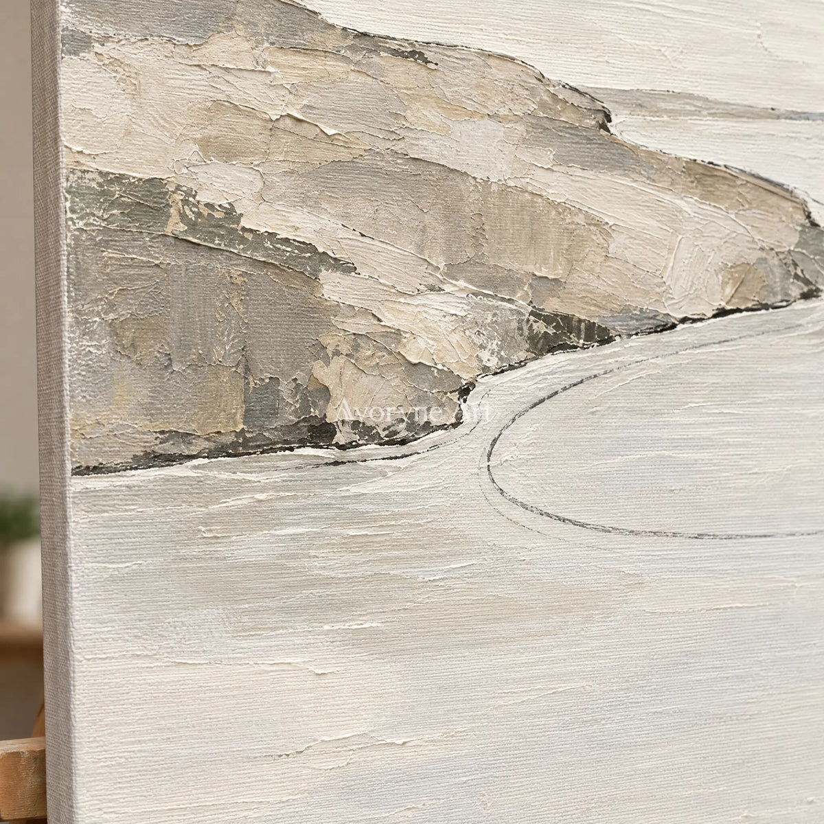 Close-up of the hand-painted texture of Still Solace waterside landscape wall art on an easel