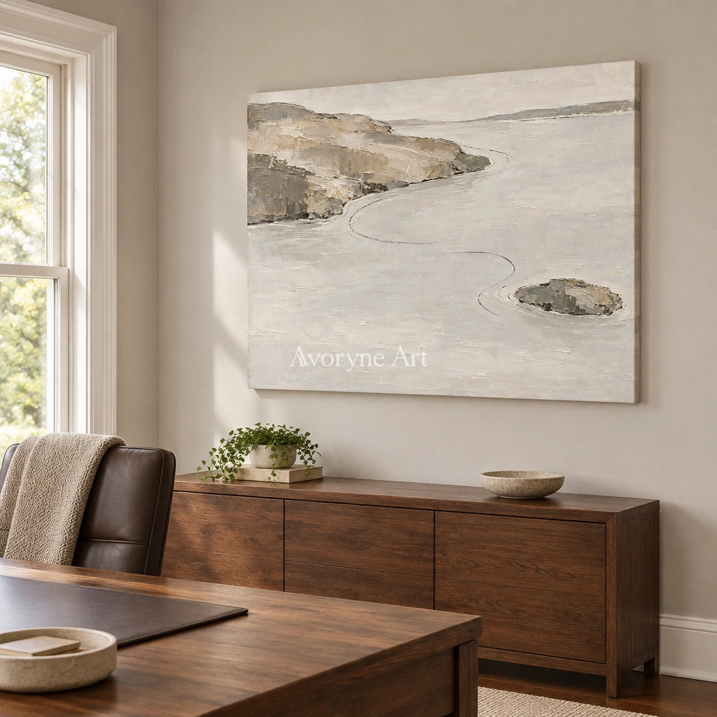 Still Solace waterside landscape wall art as a frameless stretched canvas in a home office