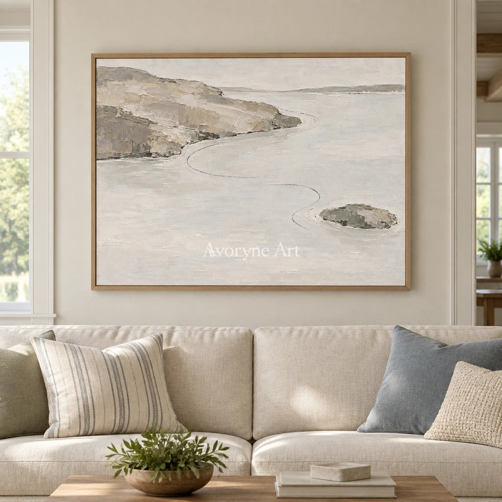 Still Solace waterside landscape wall art with a wood frame in a villa living space