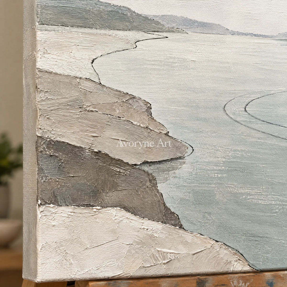 Close-up of the hand-painted texture of Tender Reverie waterside landscape wall art on an easel