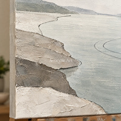 Close-up of the hand-painted texture of Tender Reverie waterside landscape wall art on an easel