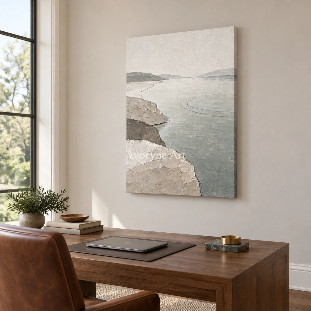 Tender Reverie waterside landscape wall art as a frameless stretched canvas in a home office