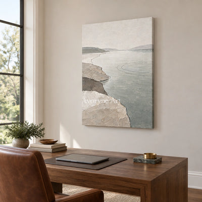 Tender Reverie waterside landscape wall art as a frameless stretched canvas in a home office