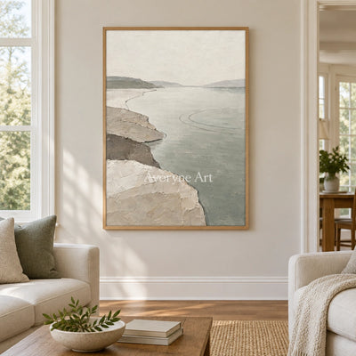 Tender Reverie waterside landscape wall art with a wood frame in a villa living space