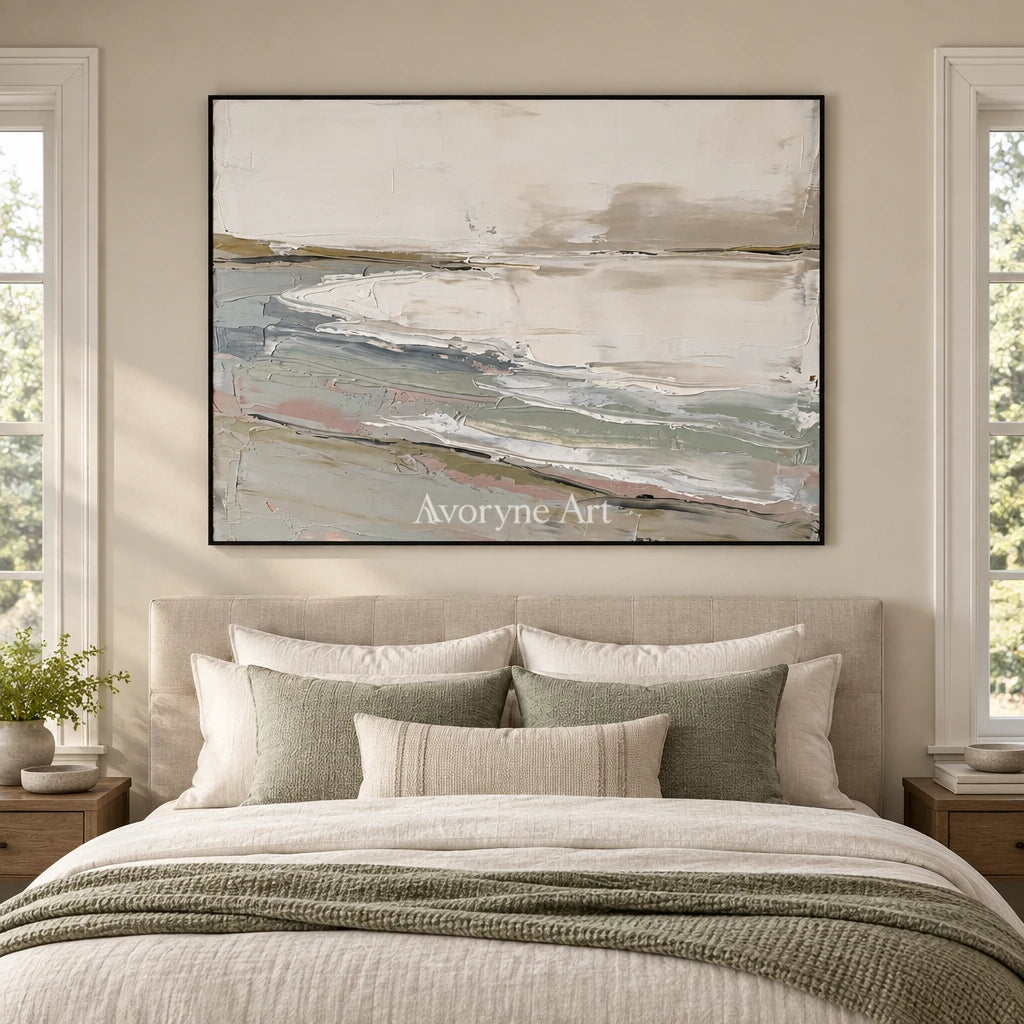Bright Prelude waterside landscape wall art with a black frame above a bed in a bedroom