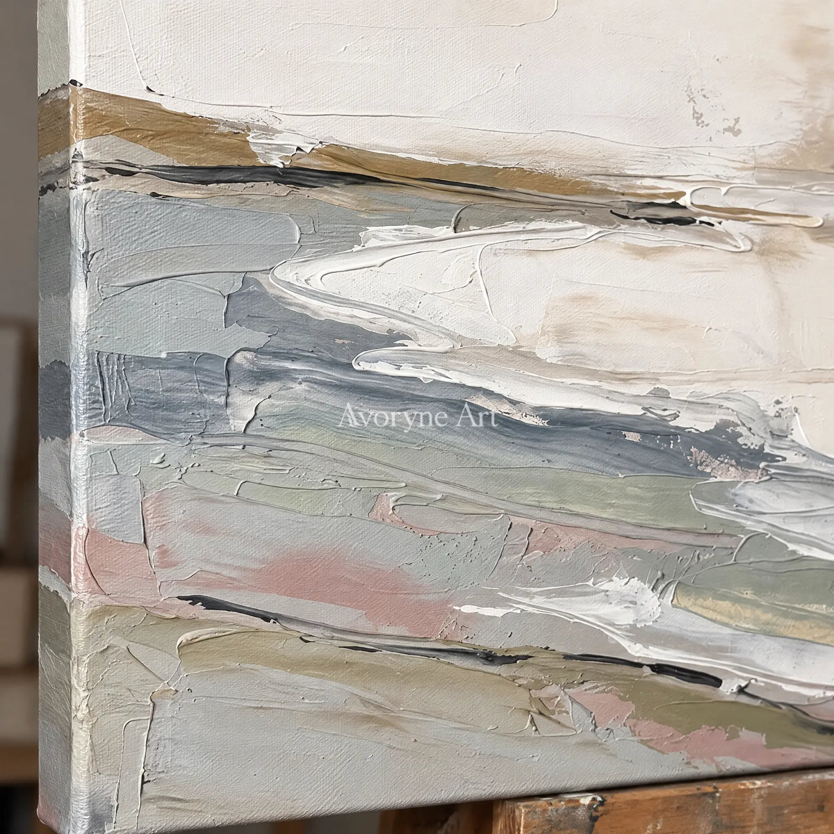 Close-up of the hand-painted texture of Bright Prelude waterside landscape wall art on an easel