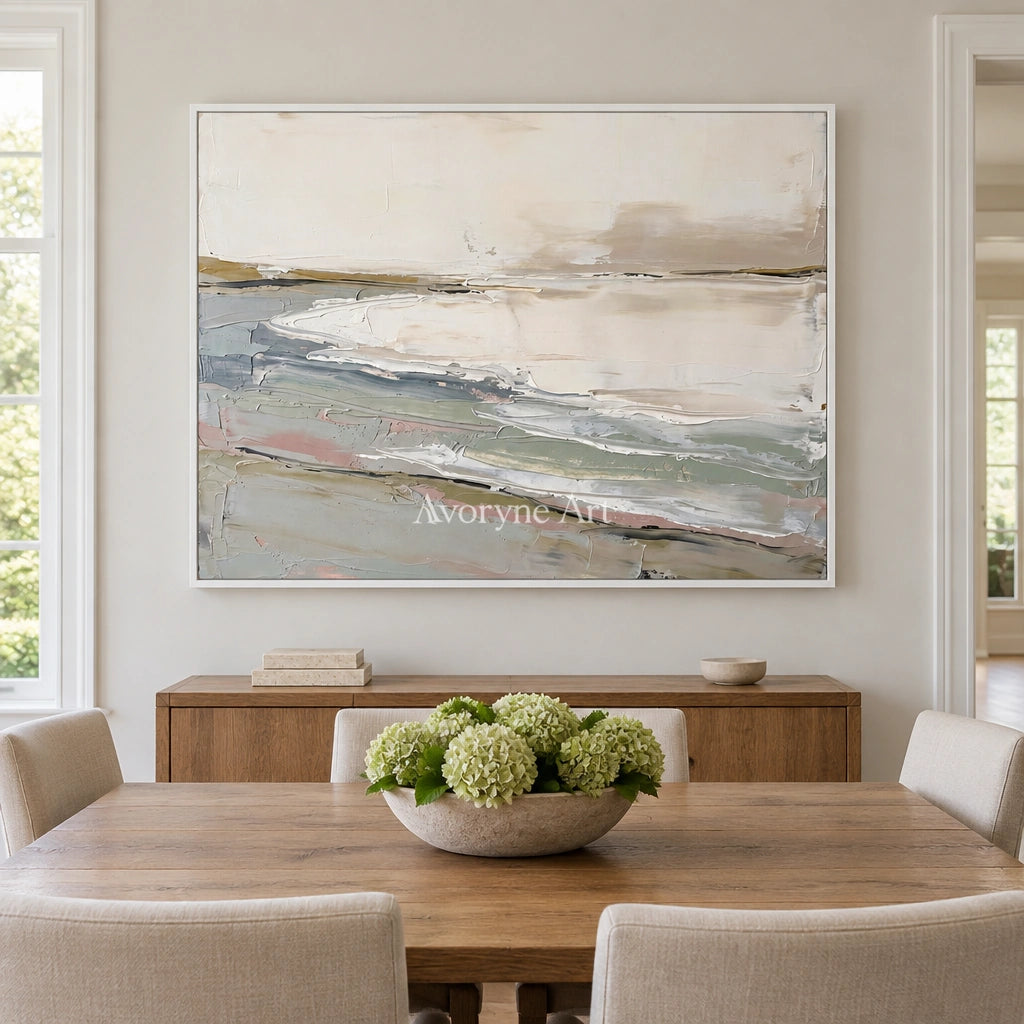 Bright Prelude waterside landscape wall art with a white frame in a dining room