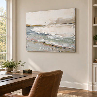 Bright Prelude waterside landscape wall art as a frameless stretched canvas in a home office