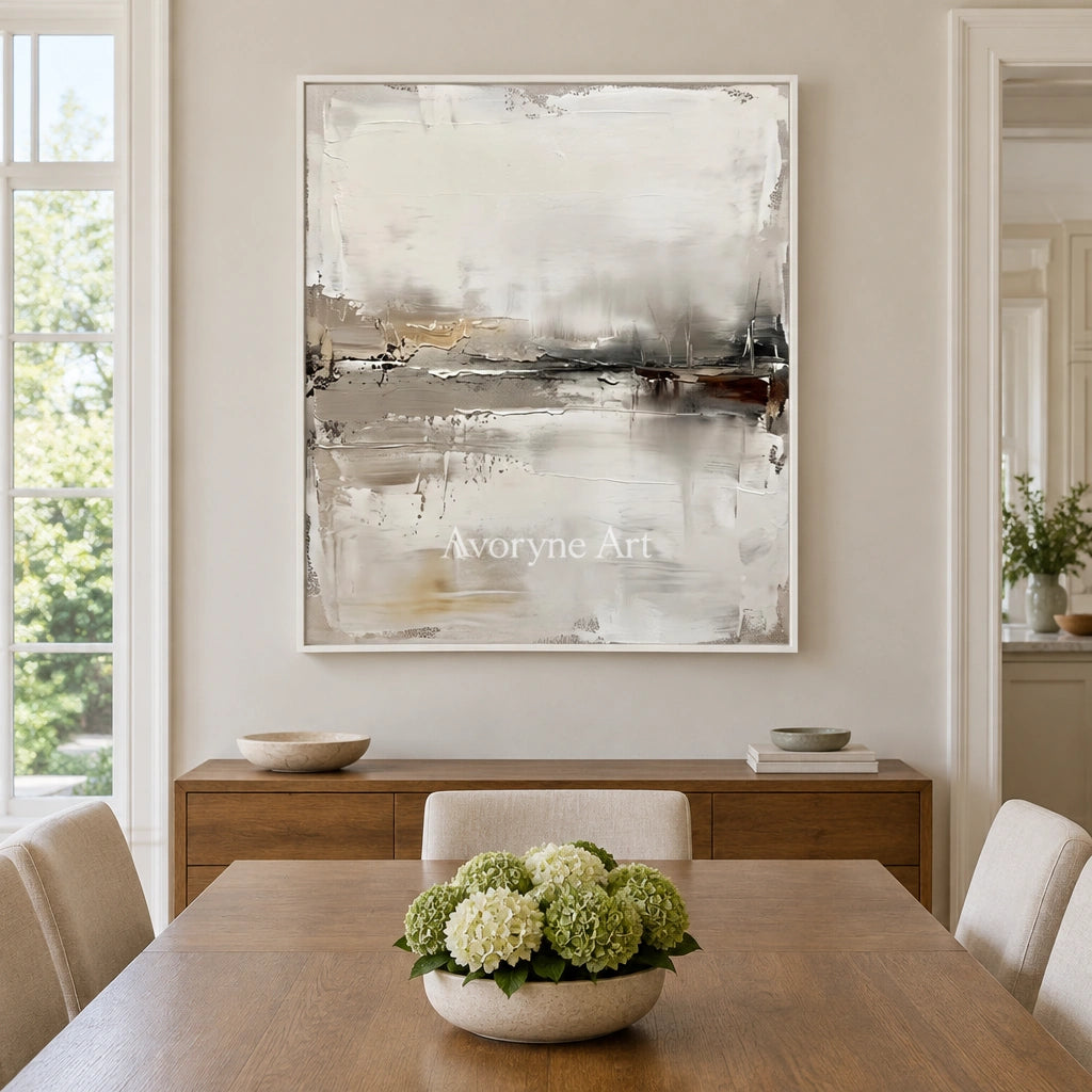 Bright Trace waterside landscape wall art with a white frame in a dining room