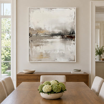 Bright Trace waterside landscape wall art with a white frame in a dining room