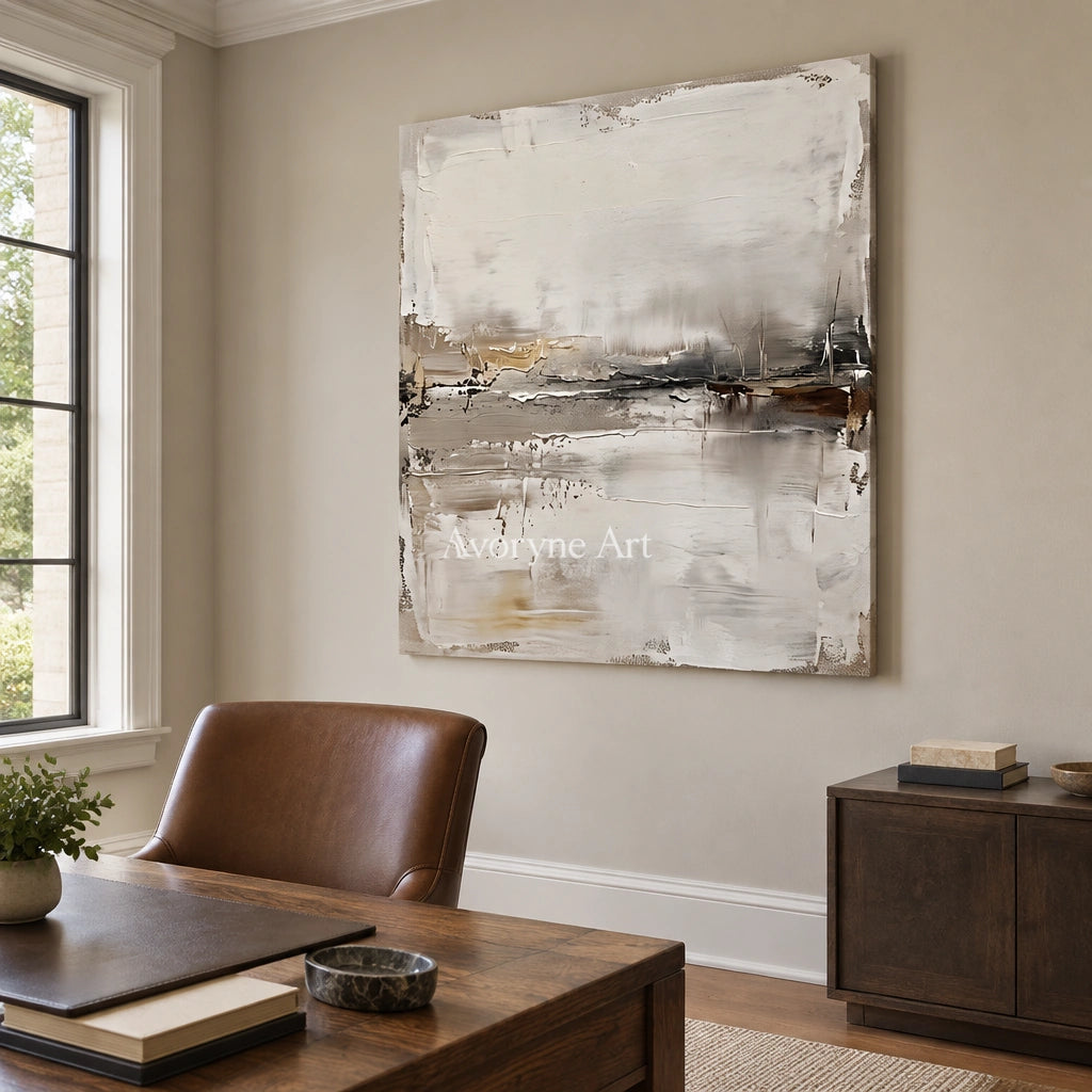 Bright Trace waterside landscape wall art as a frameless stretched canvas in a home office