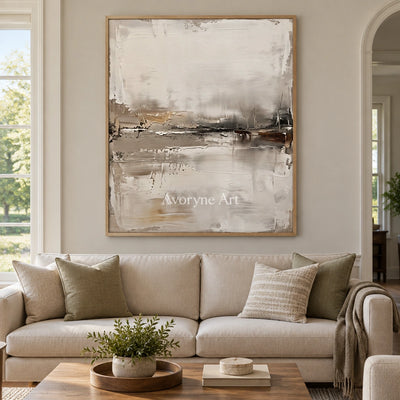 Bright Trace waterside landscape wall art with a wood frame in a villa living space