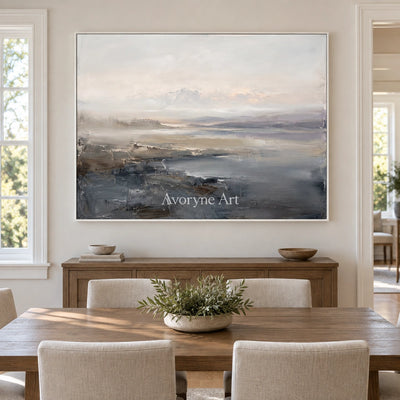 Winding Current waterside landscape wall art with a white frame in a dining room
