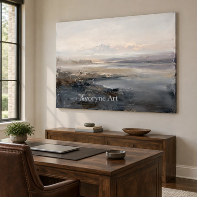 Winding Current waterside landscape wall art as a frameless stretched canvas in a home office