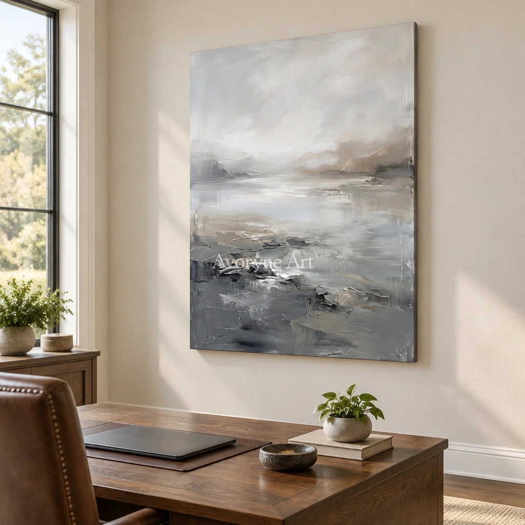 Winding Solace waterside landscape wall art as a frameless stretched canvas in a home office