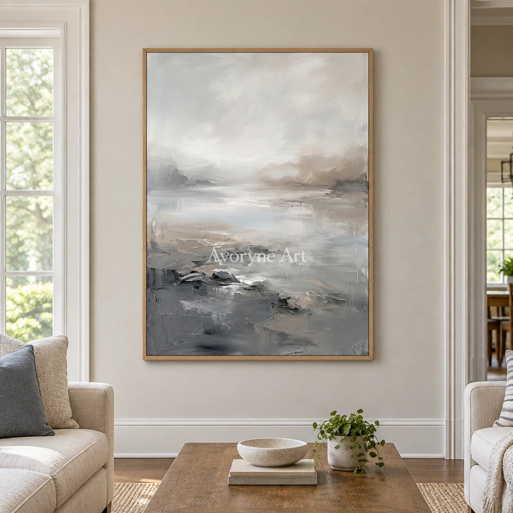 Winding Solace waterside landscape wall art with a wood frame in a villa living space