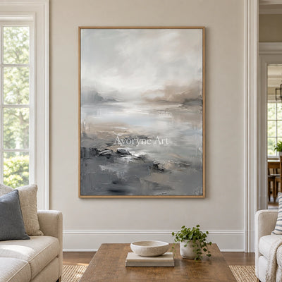 Winding Solace waterside landscape wall art with a wood frame in a villa living space