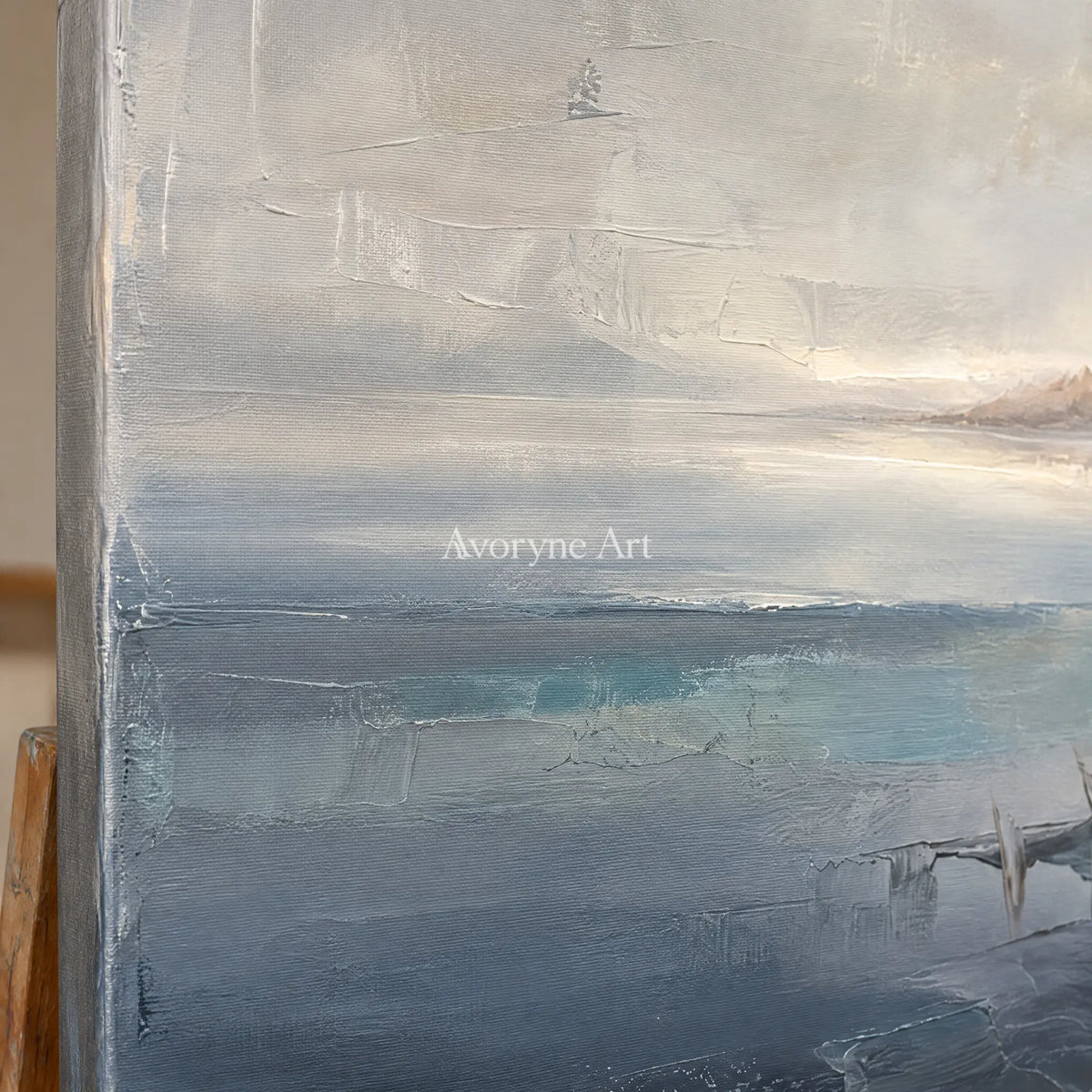 Close-up of the hand-painted texture of Winding Reverberation waterside landscape wall art on an easel
