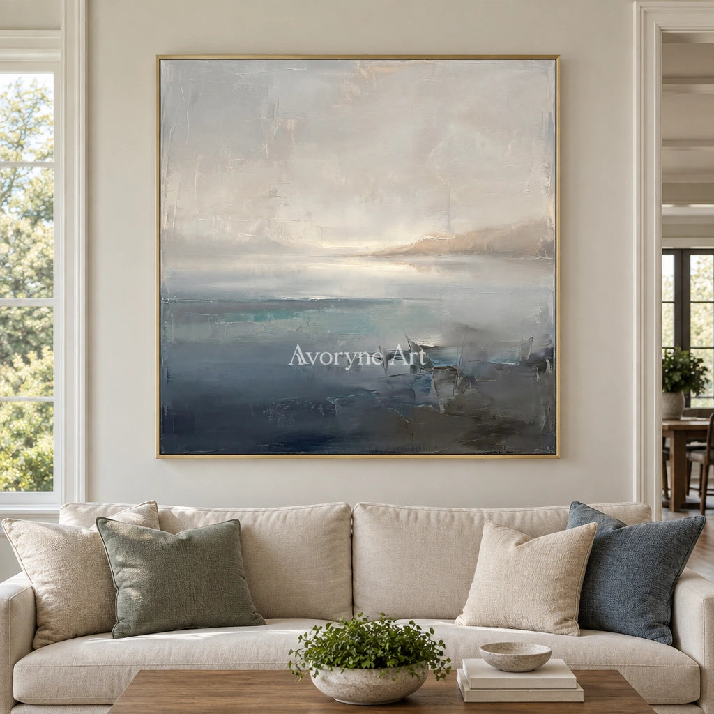 Winding Reverberation waterside landscape wall art with a gold frame hanging in a living room