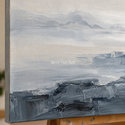 Close-up of the hand-painted texture of Winding Dialogue waterside landscape wall art on an easel