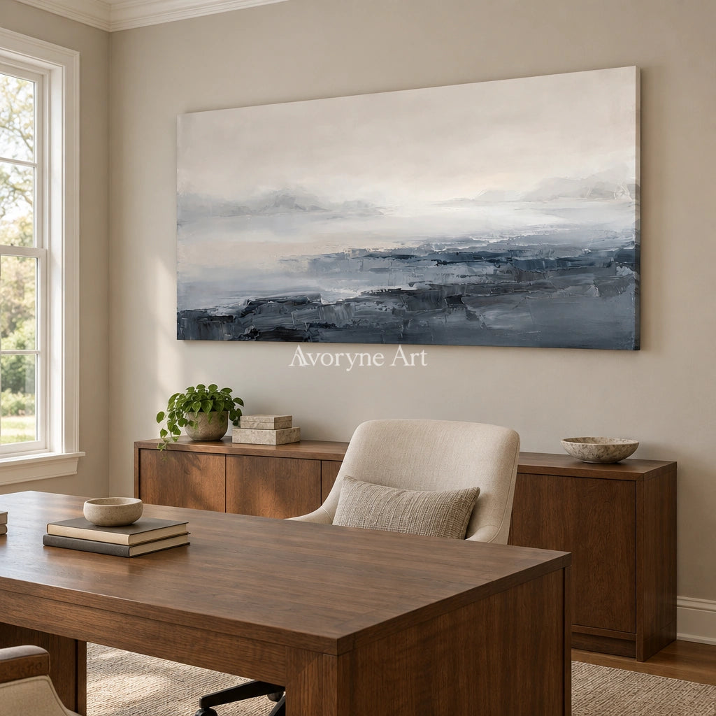 Winding Dialogue waterside landscape wall art as a frameless stretched canvas in a home office