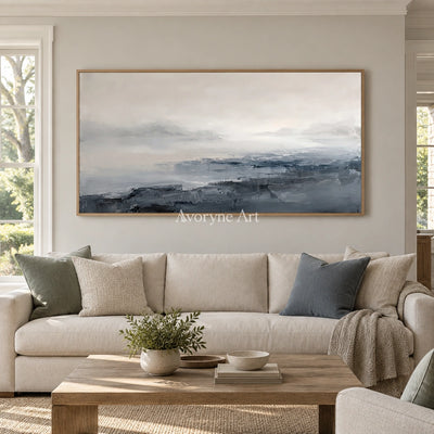 Winding Dialogue waterside landscape wall art with a wood frame in a villa living space