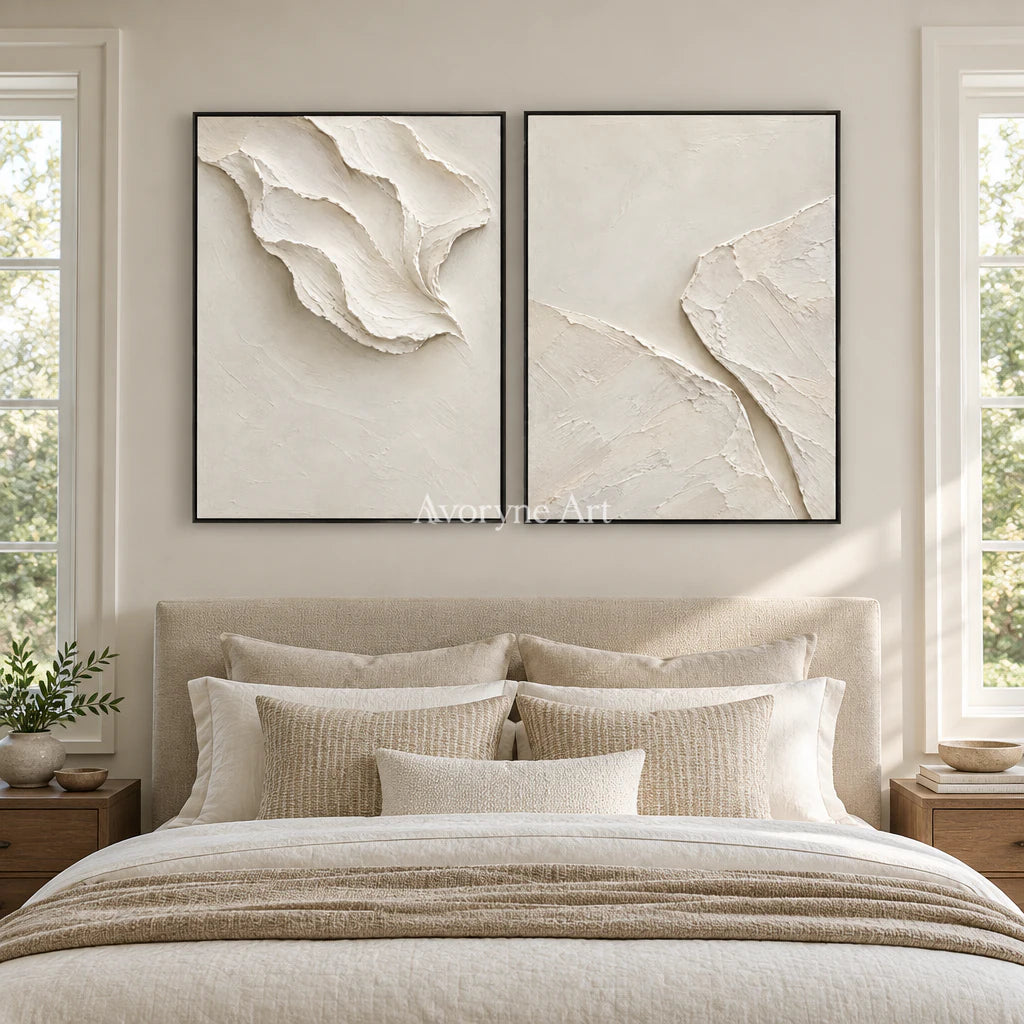 Folded Reverie: White Abstract Diptych Wall Art — bedroom black