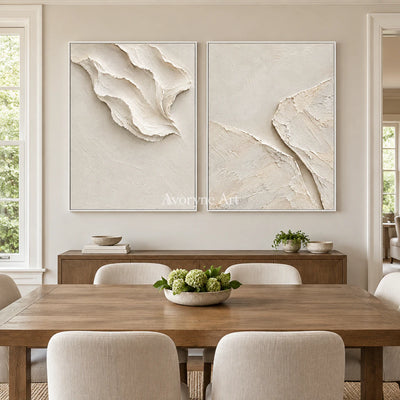 Folded Reverie: White Abstract Diptych Wall Art — dining white