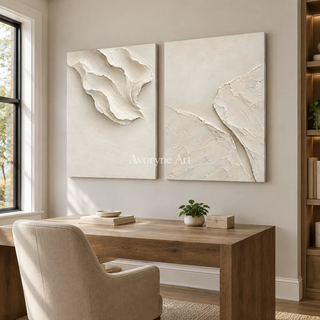 Folded Reverie: White Abstract Diptych Wall Art — office frameless