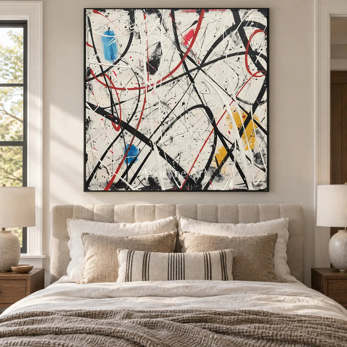 Lines Without a Map: White Abstract Wall Art with Black Drip Lines — bedroom black