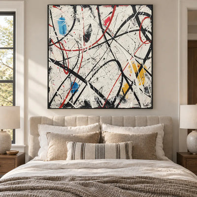 Lines Without a Map: White Abstract Wall Art with Black Drip Lines — bedroom black